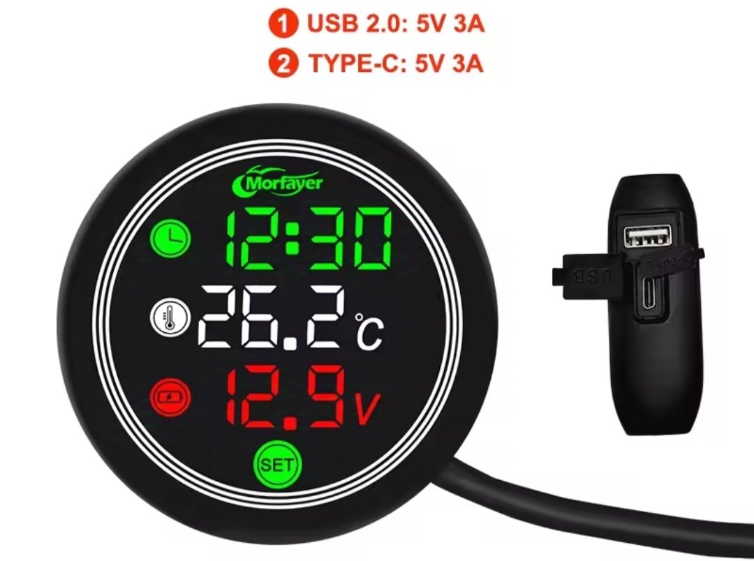 Motercyle 5 In 1 Waterproof Gadget Time Temperature Voltage Meter With Usb Charger - Image 4