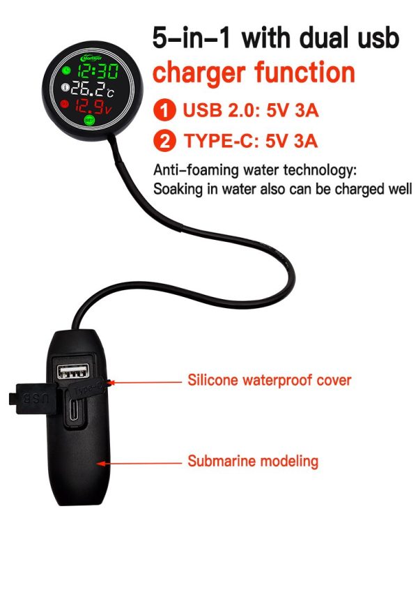Motercyle 5 In 1 Waterproof Gadget Time Temperature Voltage Meter With Usb Charger - Image 4