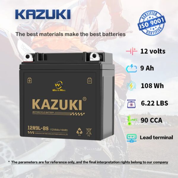 Kazuki 12N9L-BS Maintenance-Free Motorcycle Battery 9Amp Dry Battery - Image 2