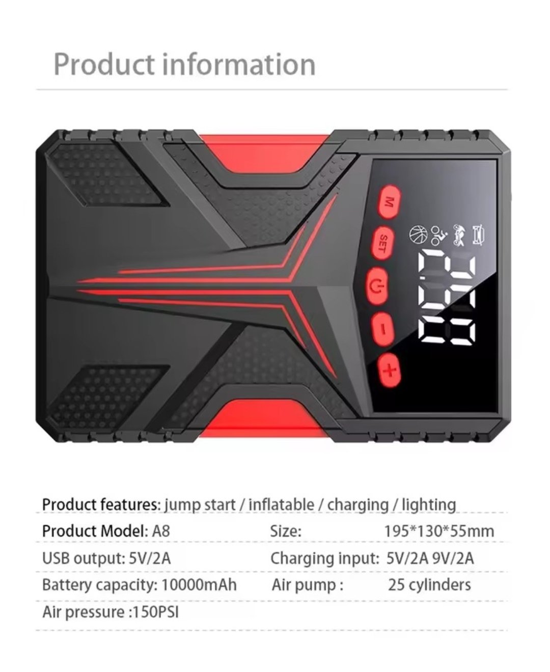 Multi-Function Jump Starter, Air Pump & Power Bank – 10000mAh - Image 7